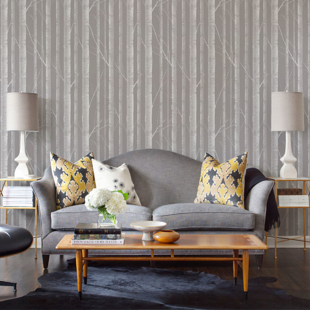 Birch Tree Peel and Stick Vinyl Wallpaper, White Gray, 24" X 60"