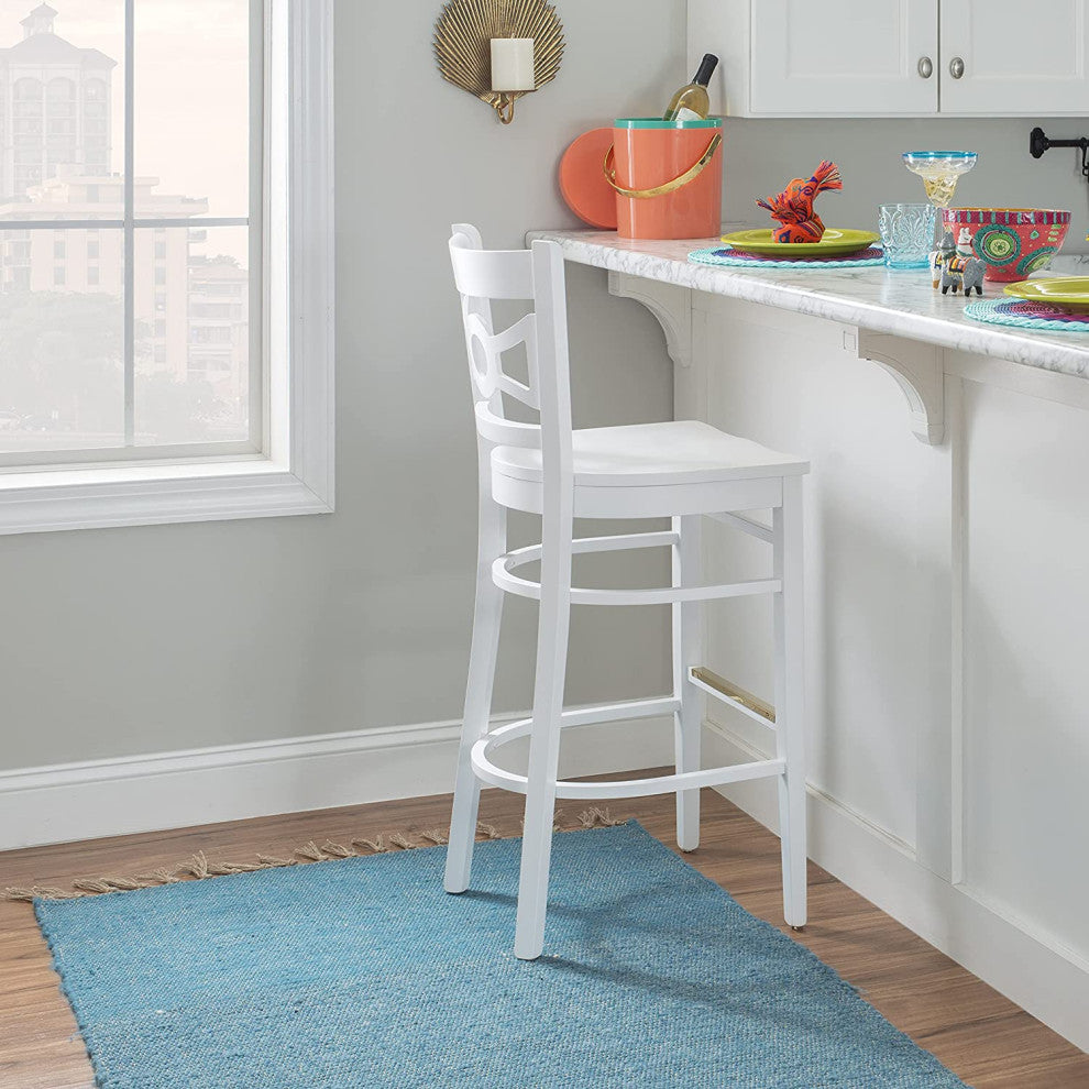 2 Pack Bar Stool, White Painted Beechwood With Gold Footrest, Wooden Seat