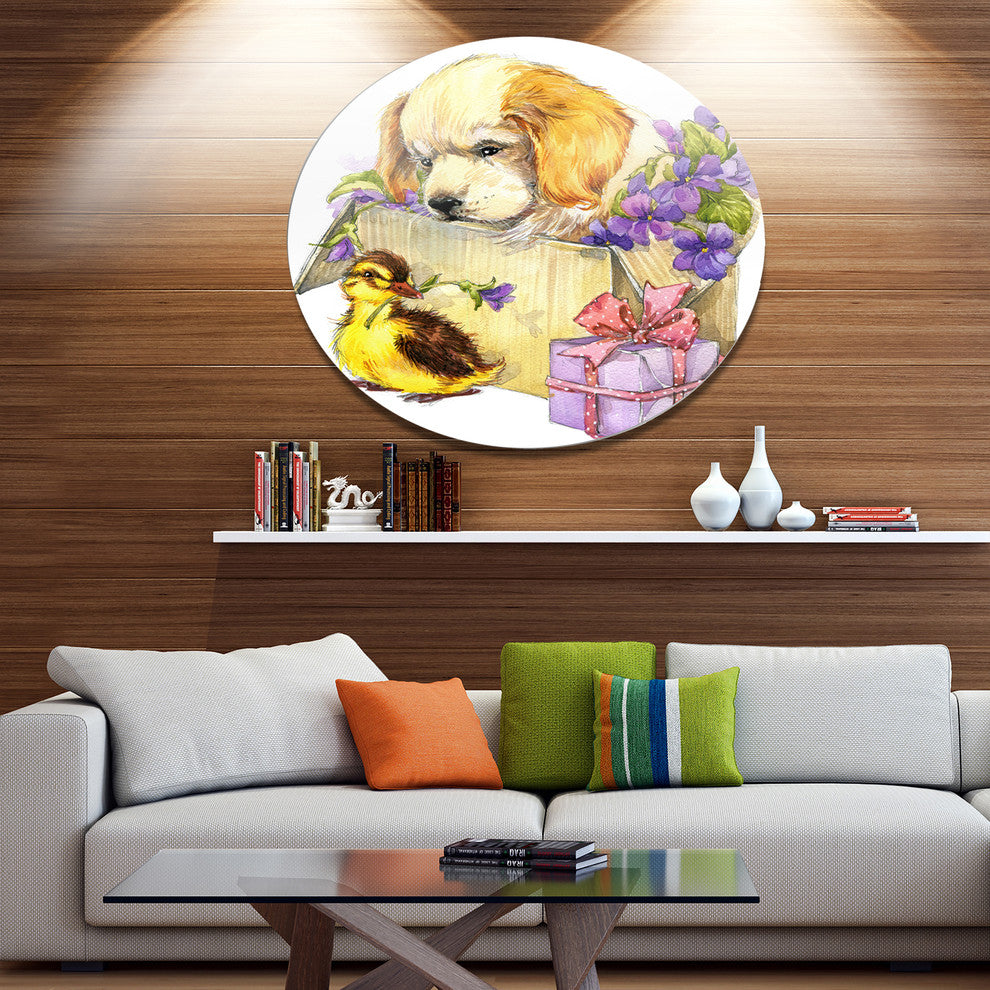 Cute Puppy Dog And Duck, Contemporary Animal Art Round Wall Art, 11"