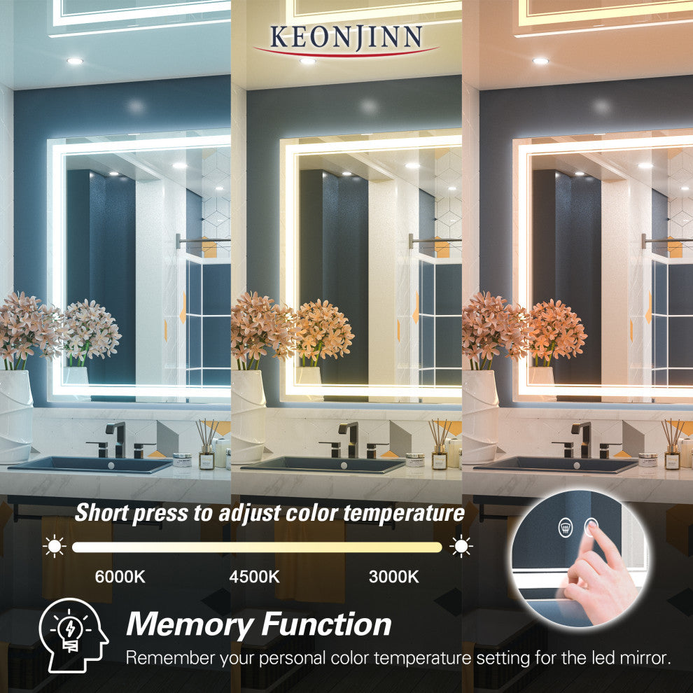 3-Colors LED Bathroom Mirror, Anti-Fog Memory Dimmable, Sliver, 60"x40"