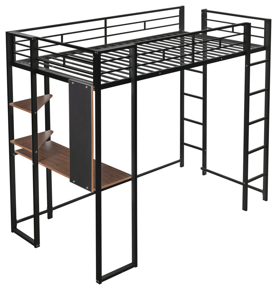 Gewnee Twin Metal Loft Bed with 2 Shelves and one Desk