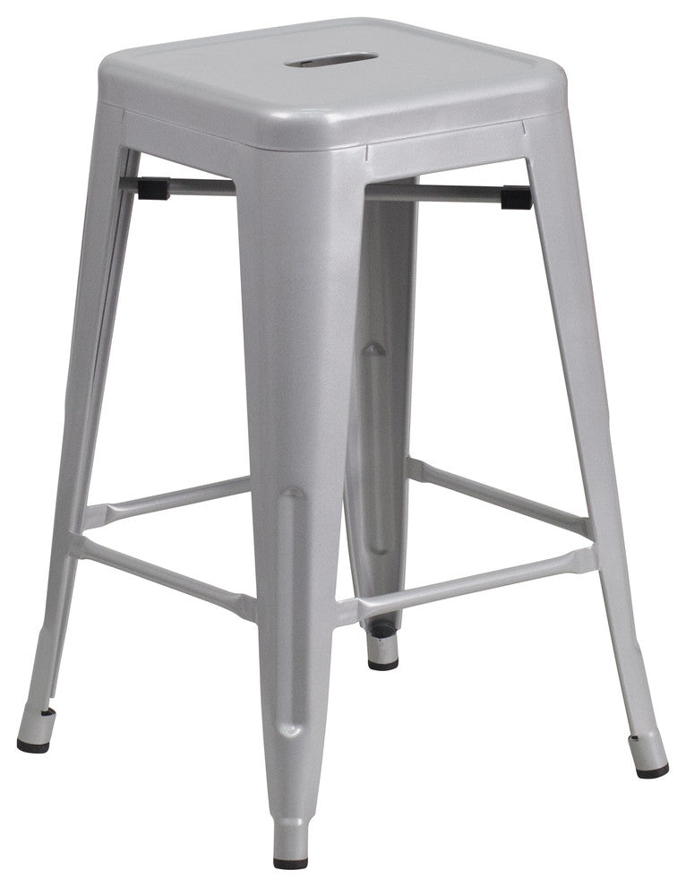 24" High Backless Silver Metal Indoor-Outdoor Counter Stool With Square Seat