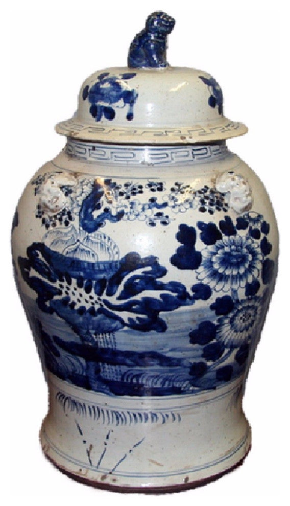 Vintage Style Blue and White Floral Motif Porcelain Temple Jar 23"