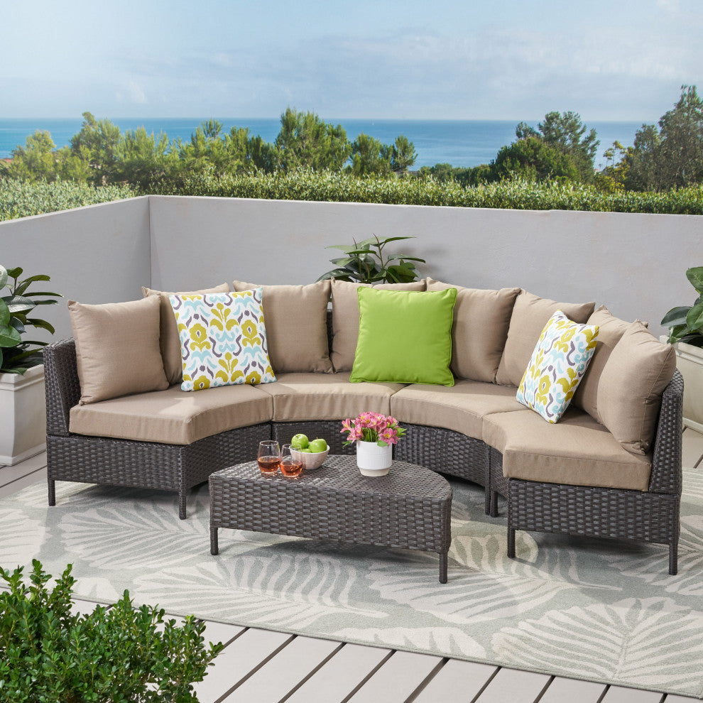 GDF Studio Outdoor 4 Seater Curved Wicker Sectional Sofa Set with Coffee Table