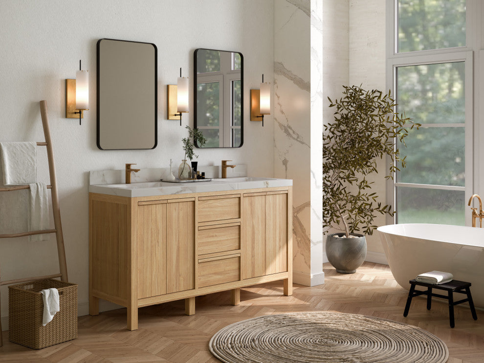 Elizabeth 60 Double Bathroom Vanity in Light Natural Teak 1.5" White Quartz