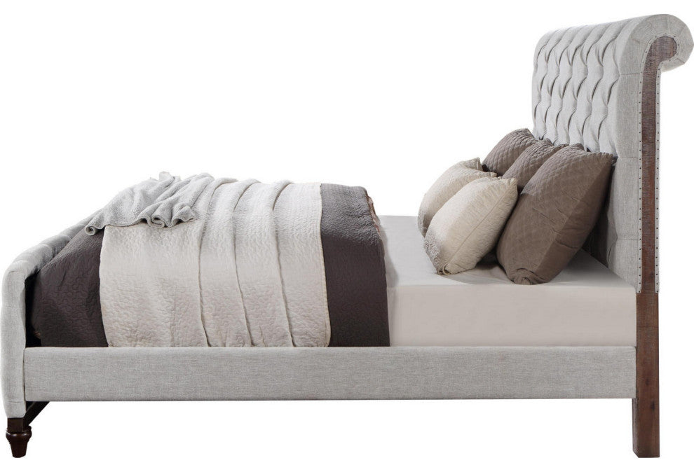 Benzara BM284030 Modern King Size Bed, Button Tufted, Brown Frame, Beige Fabric