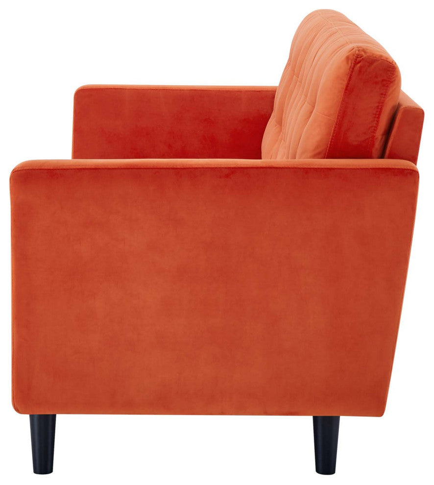 Tufted Sofa, Velvet, Orange, Modern, Living Lounge Room Hotel Lobby Hospitality