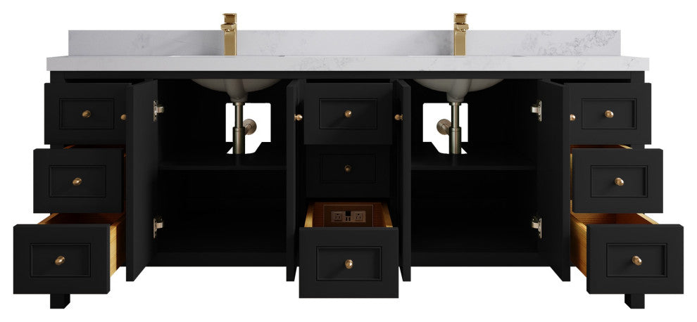 Nashville 84" Double Sink Bath Vanity, Black 2" Calacatta Nuvo