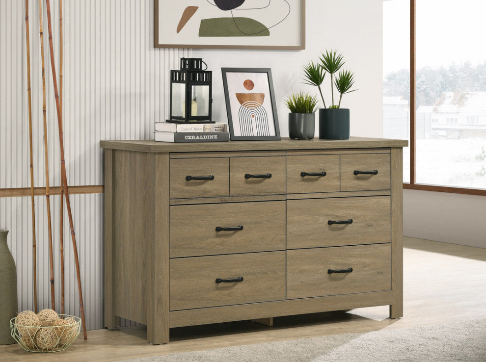 Finn Coffee Gray Oak Finish Dresser With 6 Drawers and Black Handles