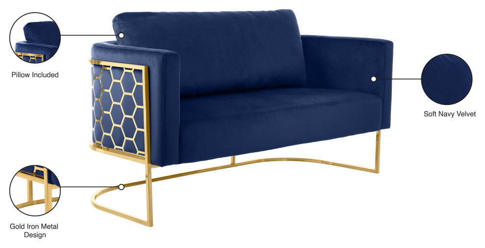 Casa Velvet Upholstered Loveseat, Navy, Gold Finish