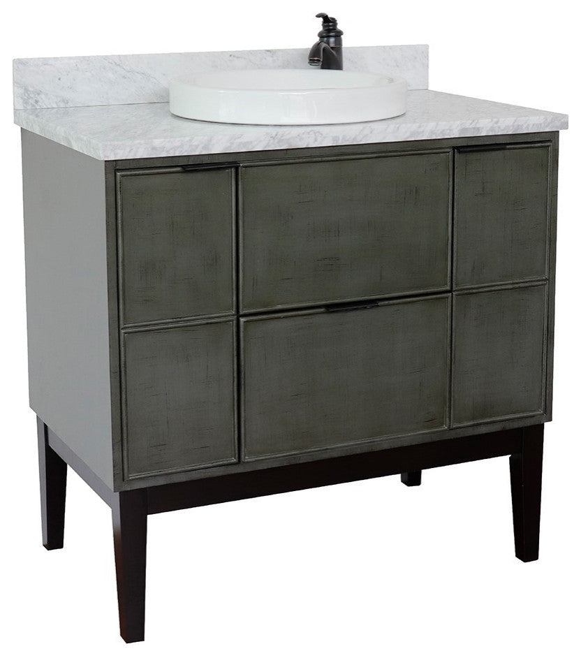 37" Single Vanity, Linen Gray Finish With White Carrara Top And Round Sink
