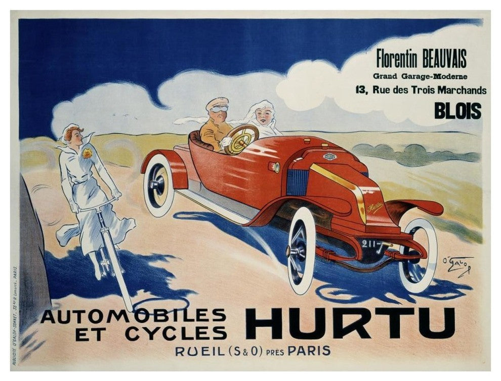 "Hurtu Automobiles et Cycles" Digital Paper Print by O'Galop, 42"x32"