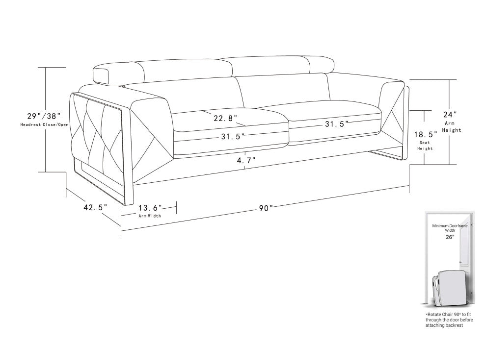 Trento Genuine Italian Leather Modern Sofa Black