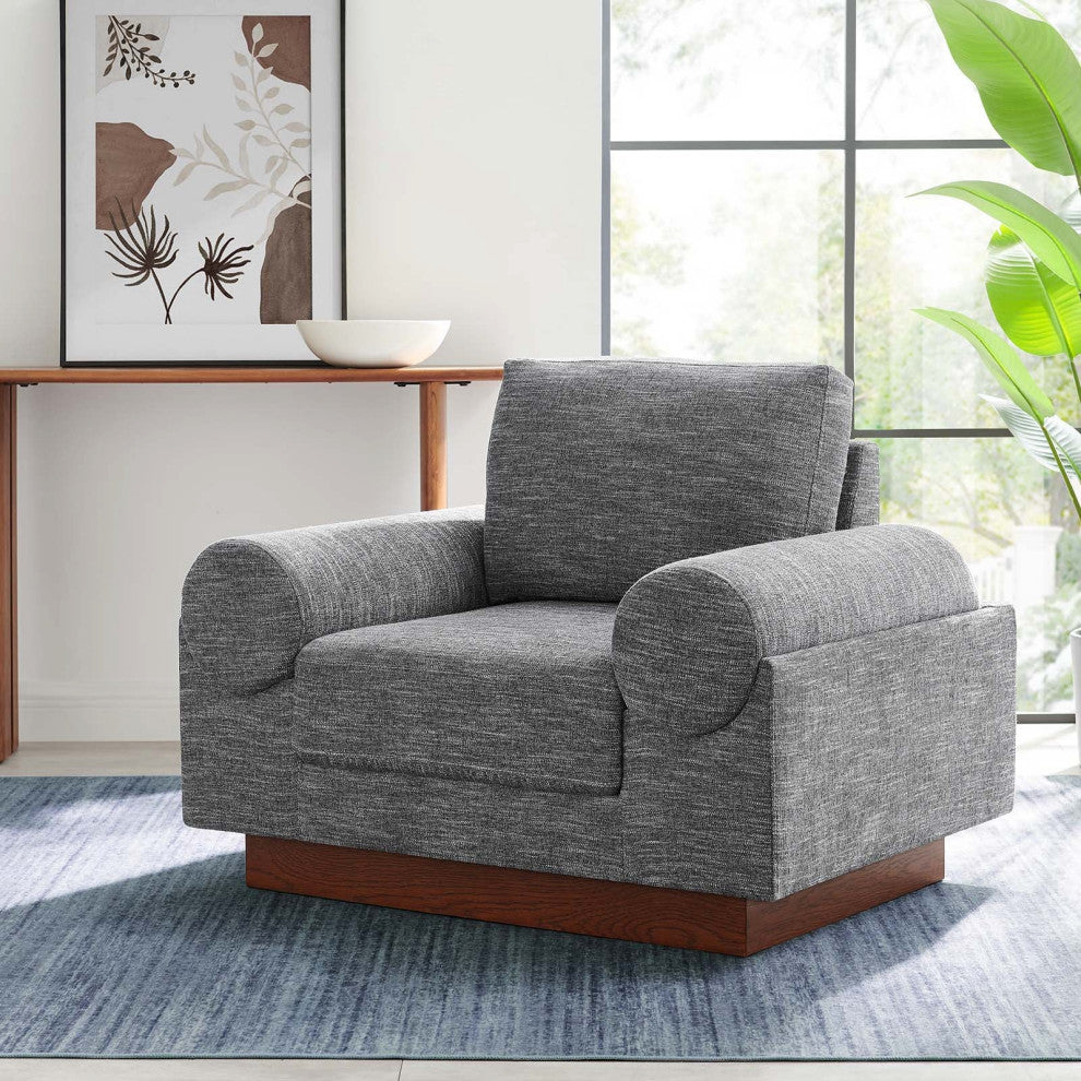 Modern Fabric Armchair with Wooden Plinth Base, Bolster Chair, Grey