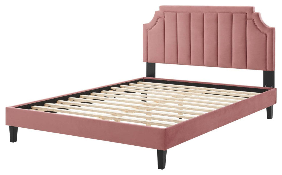 Platform Bed Frame, Twin Size, Velvet, Pink, Modern Contemporary, Bedroom Master