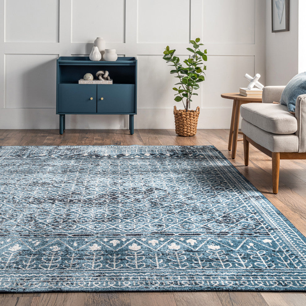 Nuloom Prestyn Machine Washable Faded Tribal Trellis Area Rug, Aqua 6'7"x9'