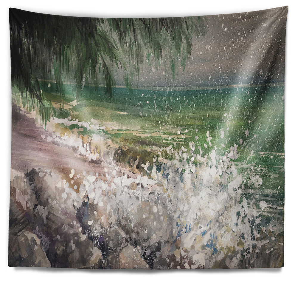 Rocky Seashore with White Waves Seashore Wall Tapestry, 39"x32"