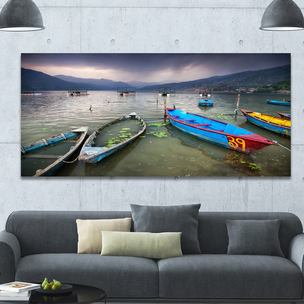 Boats near Pokhara Lake, Large Boat Canvas Art Print, 60"x28"