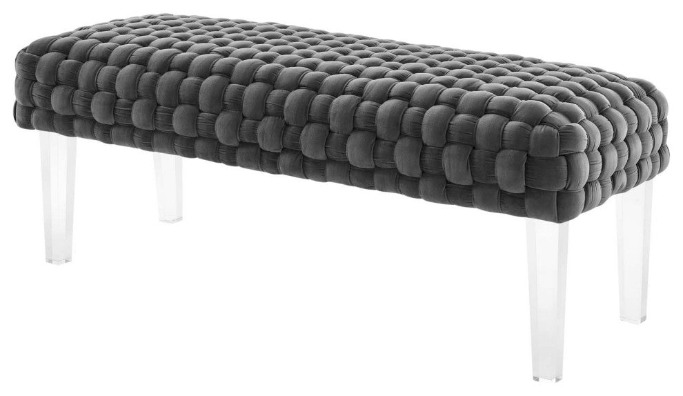 Ottoman Bench Gray, Velvet, Modern, Mid Century Hotel Lounge Cafe