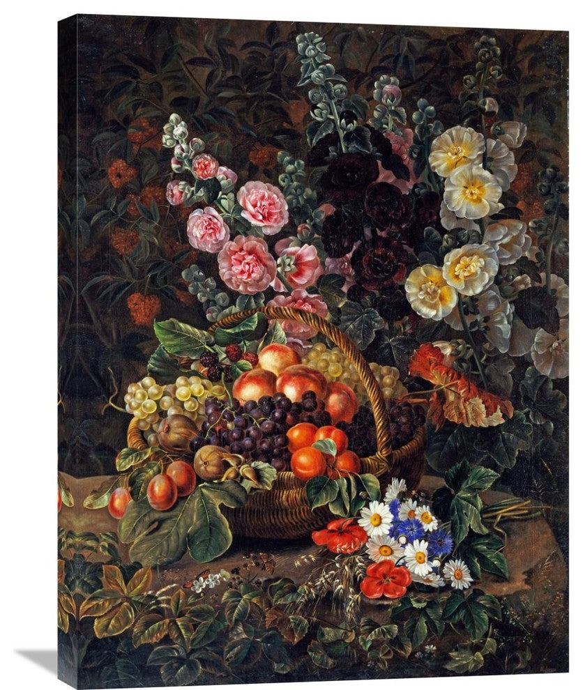 "A Still Life of Flowers and a Basket of Fruit" Artwork, 22" x 30"
