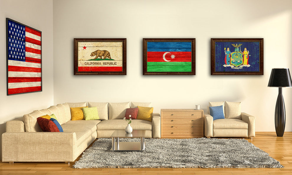 Azerbaijan Country Textured Flag Print With Brown Gold Frame, 19"X27"