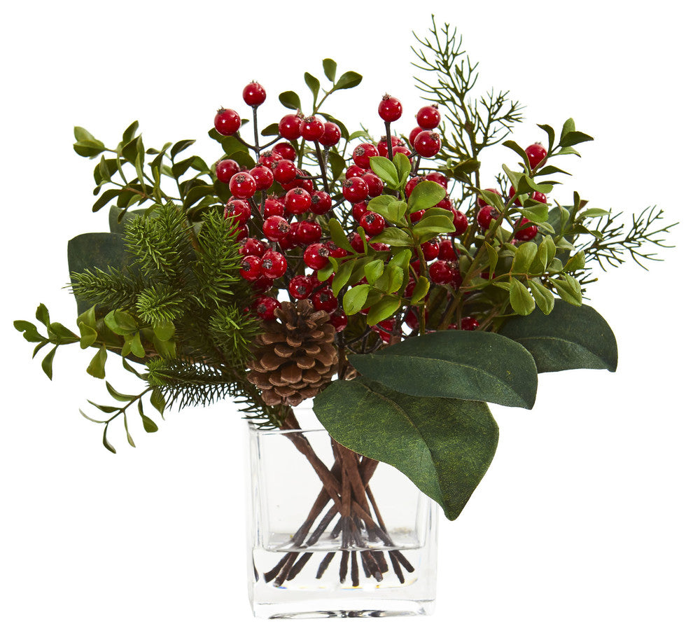 Nearly Natural Berry, Pine and Boxwood Artificial Arrangement