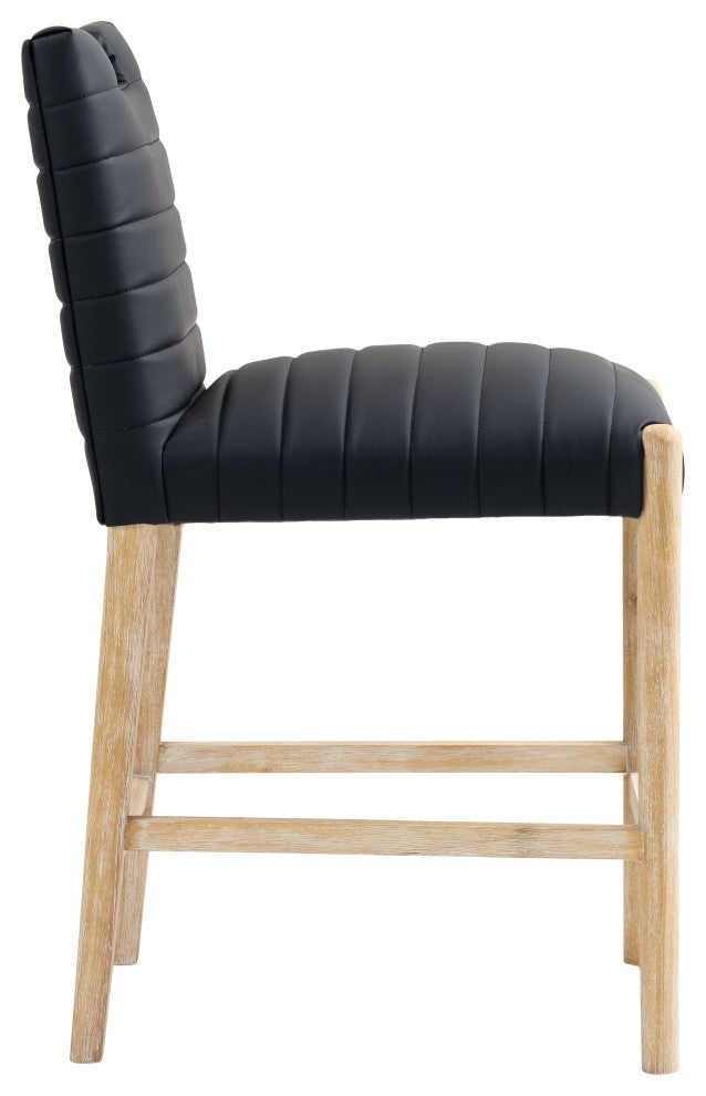 Aimee Upholstered Counter Stool, Black, Vegan Leather, Natural Oak Finish