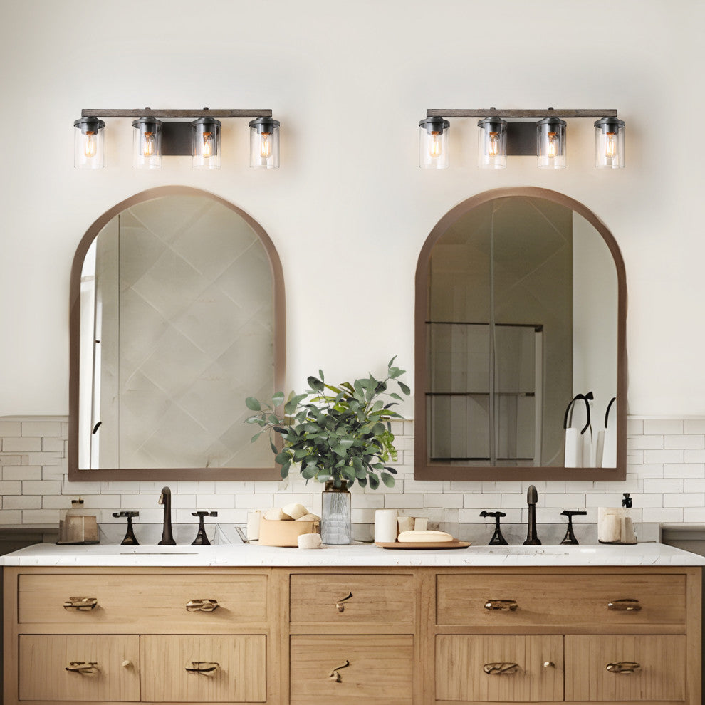 LALUZ Clear Glass Farmhouse Bathroom Vanity Lights, Bronze and Wood Grain, 4-Light