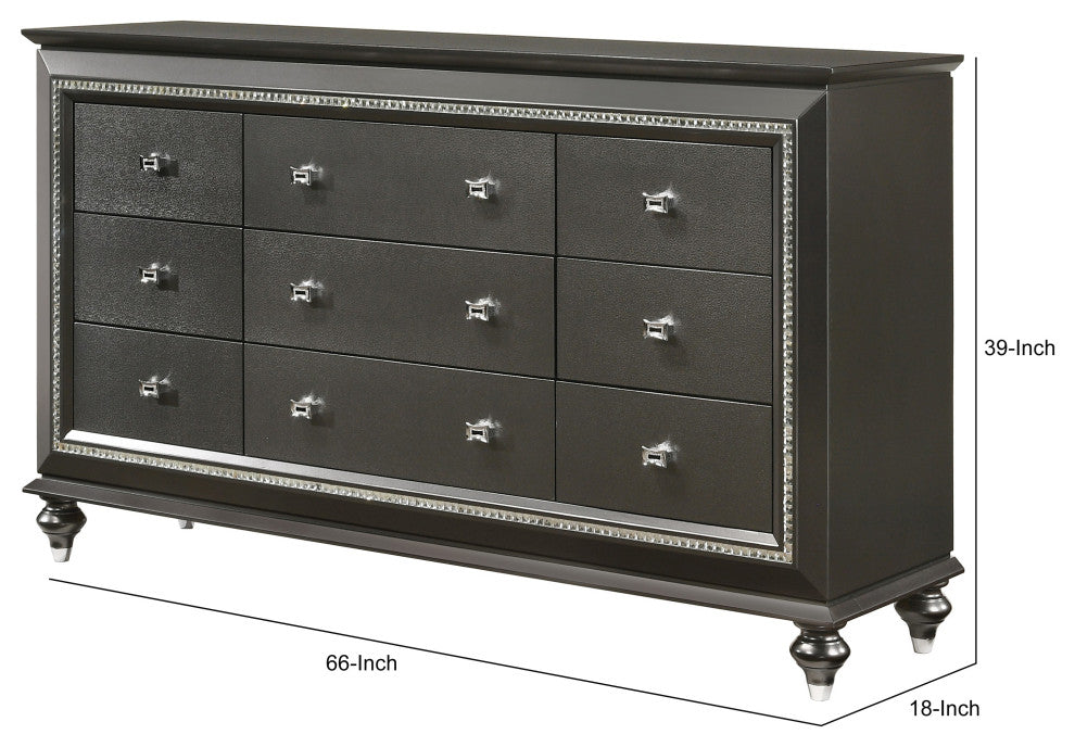 Contemporary Style 9 Drawer Wooden Dresser with Turned Legs, Gray