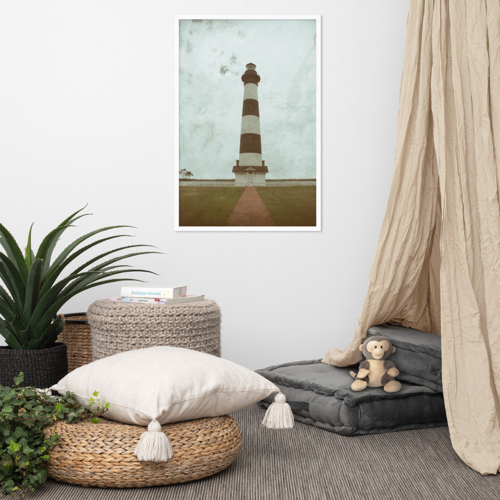 Aged Bodie Lighthouse Landscape Framed Photo Paper Wall Art Prints, White, 24" X 36"