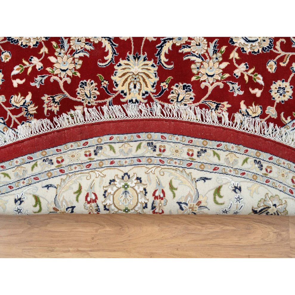 Cherry Red, Hand Knotted Nain, 250 KPSI Wool and Silk Round Rug, 9'1"x9'1"
