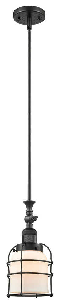1-Light Small Bell Cage 8" Mini Pendant, Matte Black, Glass: Matte White Cased