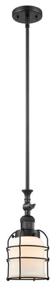 1-Light Small Bell Cage 8" Mini Pendant, Matte Black, Glass: Matte White Cased