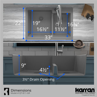 Karran 33" Top Mount Double Bowl 60/40 Quartz Kitchen Sink Kit, Grey