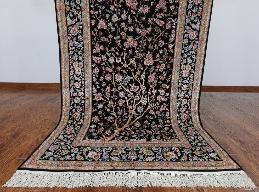 Black Authentic Persian Isfahan Tree of Life Hand Knotted Wool and Silk Rug, 5x7