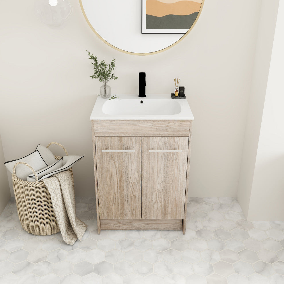 24 Inch Plywood Freestanding Bathroom Vanity With Resin Sink and Doors and shelf
