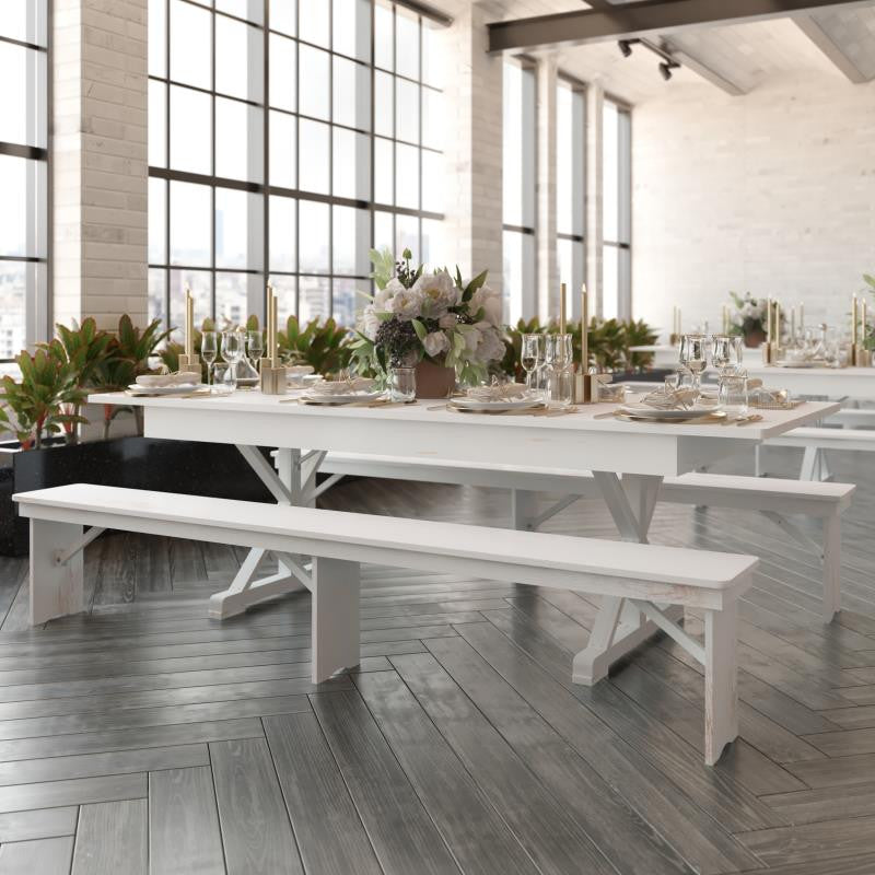 HERCULES 8' x 40" Rectangular Solid Pine Farm Table with X Legs, Antique Rustic White
