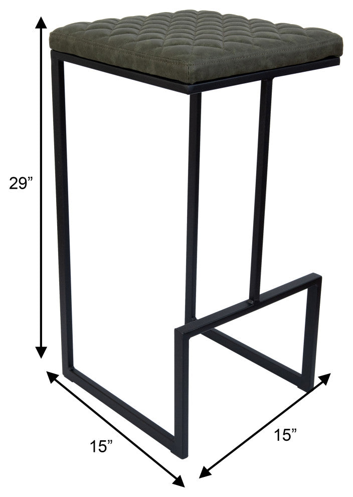 Quincy Square Barstool with Leather Seats and Metal Frame with Footrest, Gray