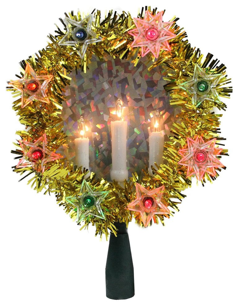 7" Gold Tinsel Wreath with Candles Christmas Tree Topper - Multi Lights