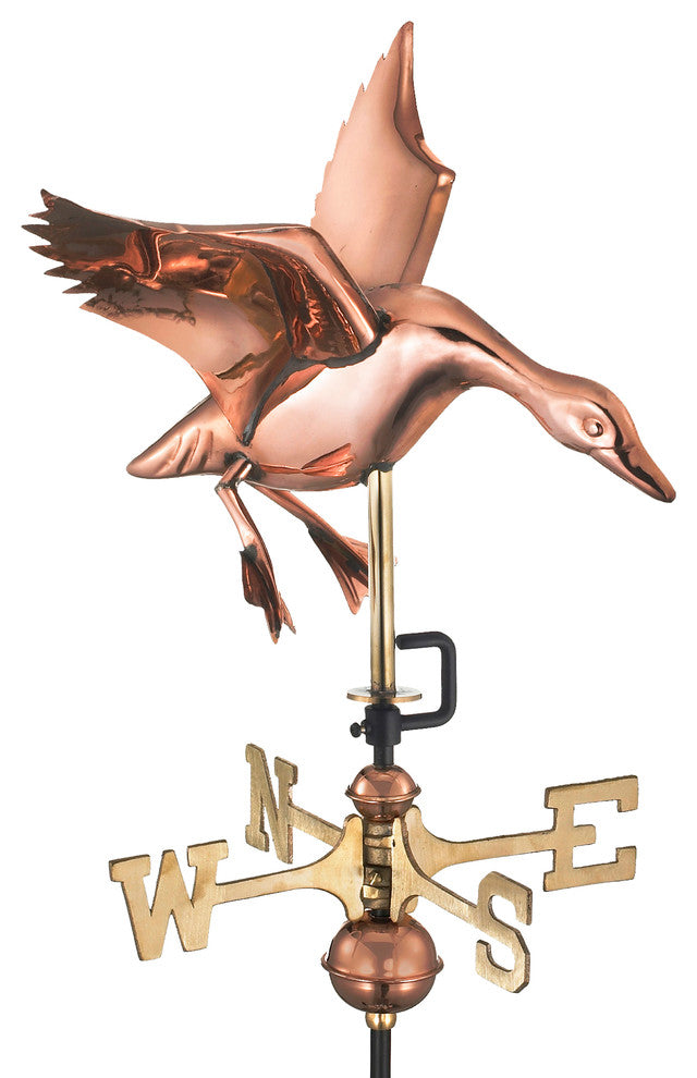 Polished Copper Landing Duck Weathervane, Roof Mount