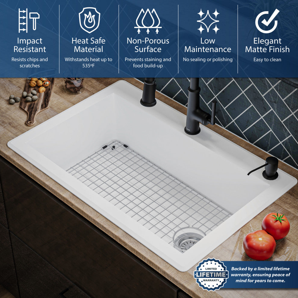 Karran Drop-In Quartz 33" 1-Hole Single Bowl Kitchen Sink Kit, White