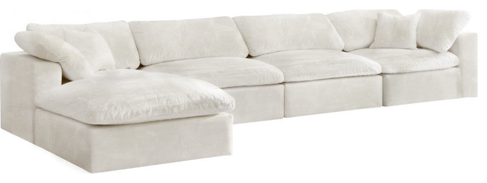 Cozy Velvet Upholstered Comfort L-Shaped Modular Sectional, Cream, 5-Piece: 2 Armless Chair, 2 Corner Chair, 1 Ottoman
