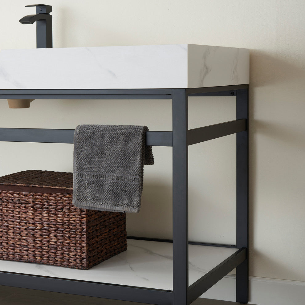 Funes Bath Vanity without Mirror, Matte Black Hardware, Double Sink, White Stone Top