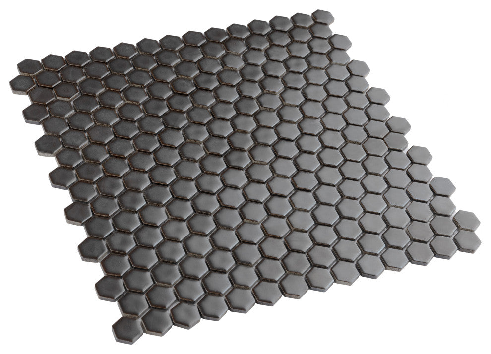 Colmena Hex Porcelain Floor and Wall Mosaic Tile, Matte Gunmetal