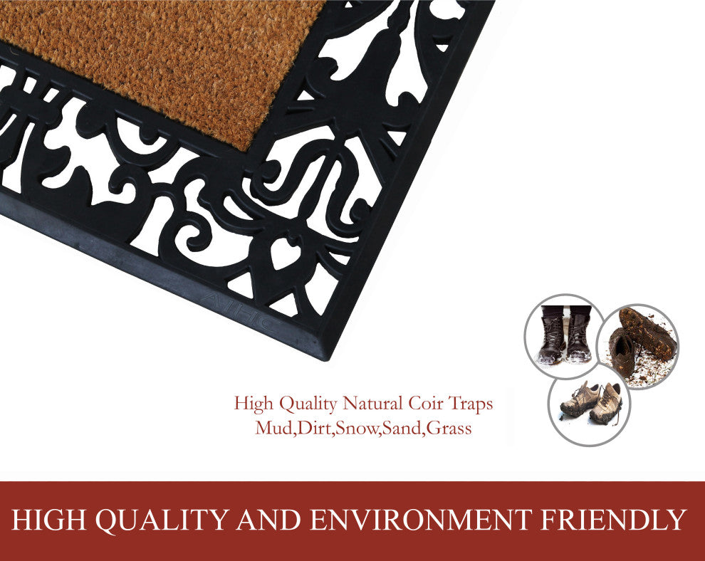 A1HC Rubber and Coir Paisley Border Durable Monogram Doormat 30"x60", Black, L