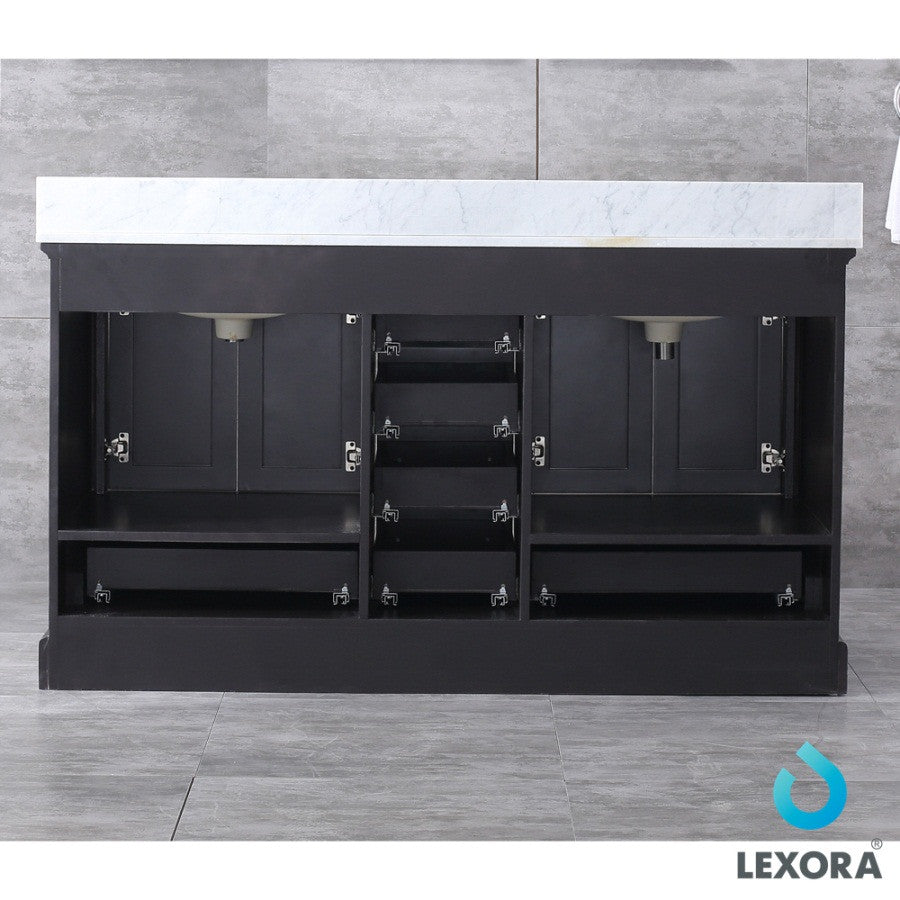 Dukes 60" Espresso Double Vanity Carrara Marble Top Sinks, 58" Wall Mirror