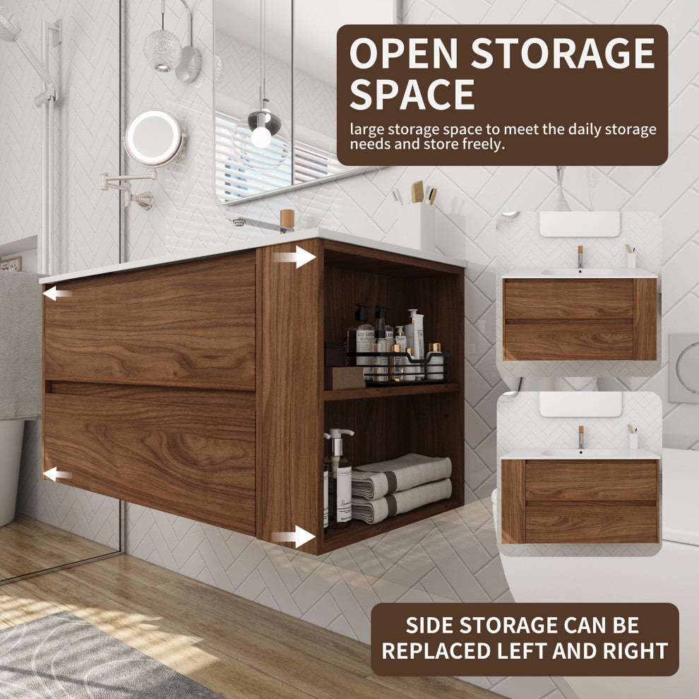 36" Plywood Wall Mounting Bath Vanity Set, Brown Oak, Gel Sink
