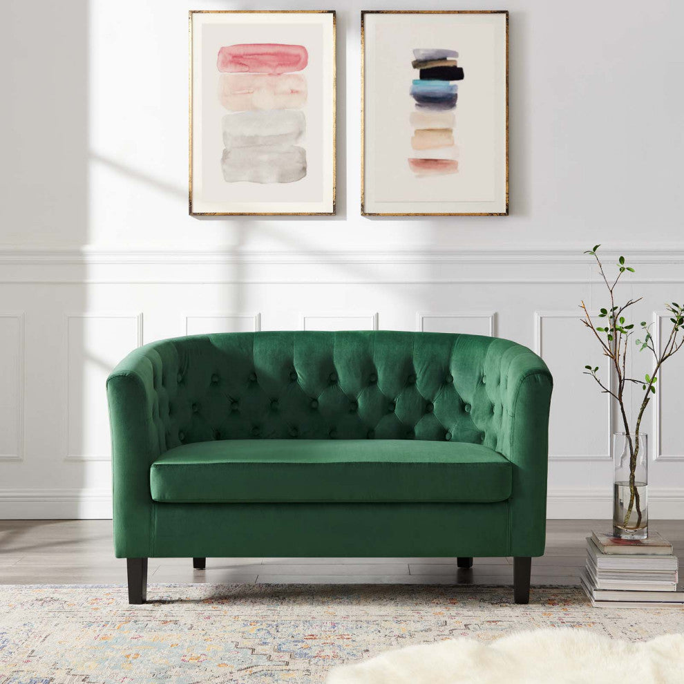 Loveseat Sofa, Velvet, Green, Modern, Living Lounge Room Hotel Lobby Hospitality