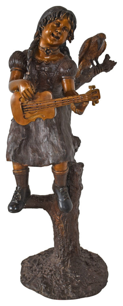 Girl on a Tree Playing the Ukulele With a Parrot Bronze Statue 25" x 23" x 50"