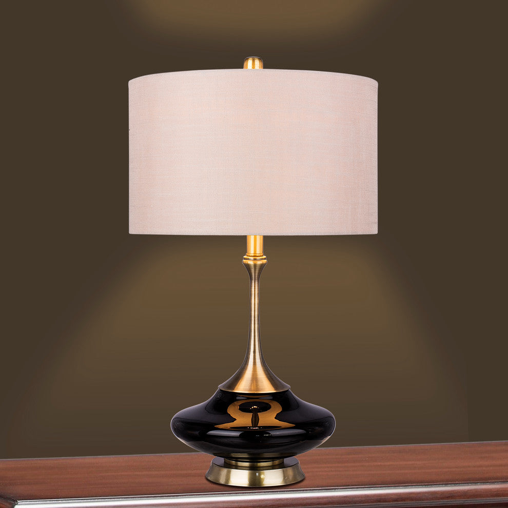 Black Glass & Antique Brass Metal Glass, Metal Table Lamp, Retro 26.5"